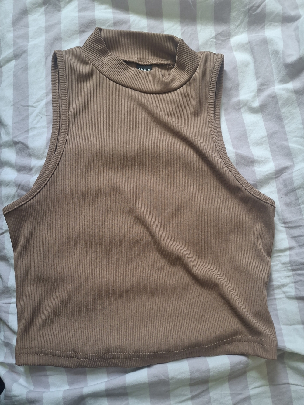 SHEIN Ribbed Mock Neck Cropped Tank Top - Tan